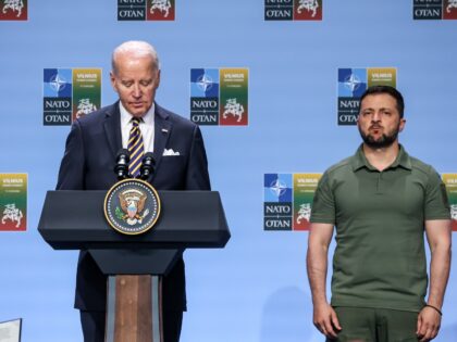 U.S. President Joe Biden gives his remarks as Ukrainian President Volodomyr Zelensky stands on the side during G7 Declaration of Joint Support for Ukraine during the high level NATO summit in Litexpo Conference Centre in Vilnius, Lithuania on July 12, 2023. The leaders of G7 countries invite the President of …