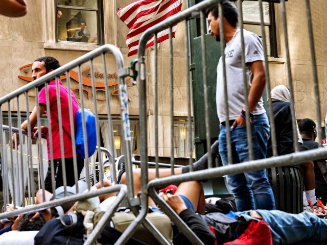 NEW YORK, NEW YORK - AUGUST 02: Workers in an office building look down on migrants gather