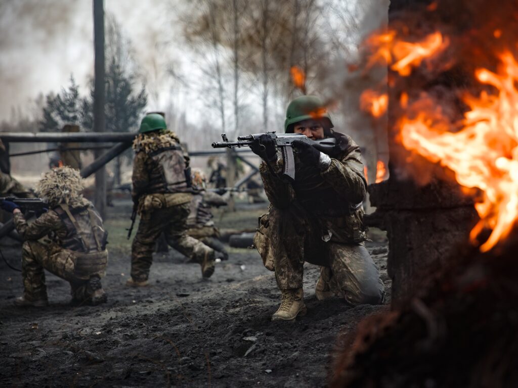 UNSPECIFIED, UKRAINE - MARCH 22: Ukrainian military practice assault tactics at a military training area before the counteroffensive operation during Russia’s war against Ukraine on March 22, 2023 in Ukraine. (Photo by Dmytro Larin/Global Images Ukraine via Getty Images)