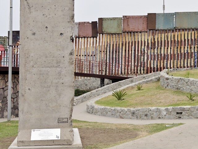 A view of the 12-meter-long, about 3-ton piece of the fallen Berlin Wall donated to the city of Tijuana in Mexico on August 15, 2023. (Carlos Moreno/Anadolu Agency via Getty Images)