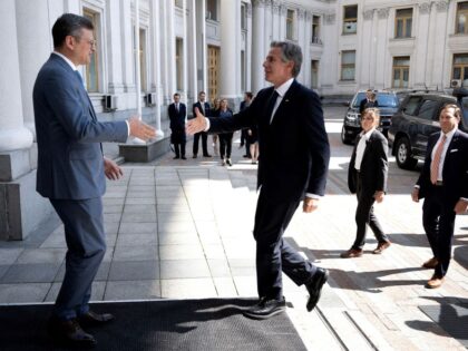 Ukraine's Foreign Minister Dmytro Kuleba greets US Secretary of State Antony Blinken before a meeting at the Ministry of Foreign Affairs in Kyiv on September 6, 2023. US Secretary of State Antony Blinken arrived in Kyiv on an unannounced visit on September 6, 2023, where he was due to announce …