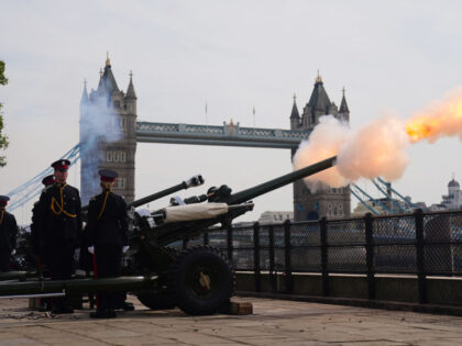 Members of the Honourable Artillery Company fire a Gun Royal Salute at the Tower of London, to mark Accession Day, the first anniversary of King Charles III accession to the throne and to mark Queen Elizabeth II death first anniversary. Picture date: Friday September 8, 2023. (Photo by Victoria Jones/PA …