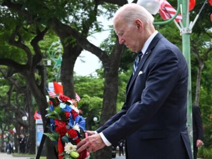 US President Joe Biden visits the John Sidney McCain III Memorial in Hanoi on September 11, 2023. (Photo by SAUL LOEB / AFP) (Photo by SAUL LOEB/AFP via Getty Images)