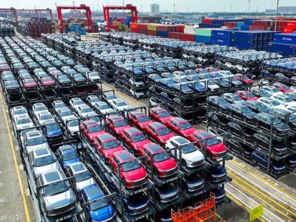 In this photo taken on September 11, 2023, BYD electric cars waiting to be loaded on a ship are stacked at the international container terminal of Taicang Port at Suzhou Port, in China's eastern Jiangsu Province. (Photo by AFP) / China OUT (Photo by -/AFP via Getty Images)