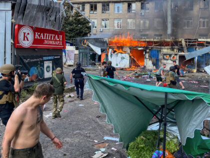 KOSTIANTYNIVKA, UKRAINE - SEPTEMBER 6: Firefighters extinguish out the fire in the market on September 6, 2023 in Kostiantynivka, Ukraine. At least 16 people have been killed and 31 more injured, after a rocket hit a market in Kostyantynivka, in Ukraine's eastern Donetsk region. (Photo by Andriy Reznikov/Suspilne Ukraine/JSC "UA:PBC"/Global …