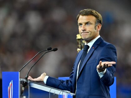 PARIS, FRANCE - SEPTEMBER 08: French President gives a speech before the Rugby World Cup France 2023 match between France and New Zealand at Stade de France on September 08, 2023 in Paris, France. (Photo by Aurelien Meunier/Getty Images)