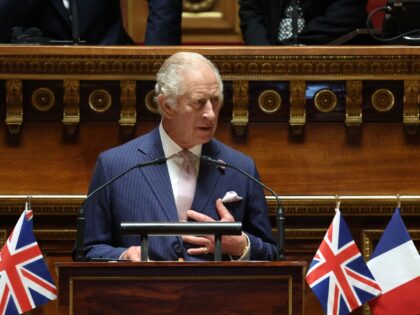 Britain's King Charles addresses Senators and members of the National Assembly at the French Senate, the first time a member of the British Royal Family has spoken from the Senate Chamber, in Paris on September 21, 2023. Britain's King Charles III and his wife Queen Camilla are on a three-day …