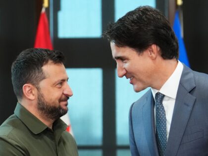 Volodymyr Zelenskiy, Ukraine's president, left, and Justin Trudeau, Canada's prime ministe