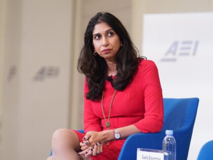 Home Secretary Suella Braverman delivers a keynote address on global migration challenges at the American Enterprise Institute in Washington DC, during her three-day visit to the US. Picture date: Tuesday September 26, 2023. (Photo by Stefan Rousseau/PA Images via Getty Images)
