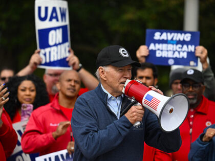 President Joe Biden addresses striking members of the United Auto Workers (UAW) union at a