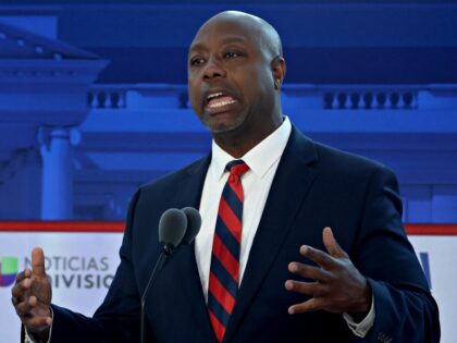 SIMI VALLEY, CALIFORNIA - SEPTEMBER 27: Republican presidential candidate U.S. Sen. Tim Scott (R-SC) delivers remarks during the FOX Business Republican Primary Debate at the Ronald Reagan Presidential Library on September 27, 2023 in Simi Valley, California. Seven presidential hopefuls squared off in the second Republican primary debate as former …
