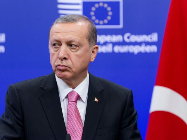 Brussels, Belgium, October 5, 2015. -- Turkish President Recep Tayyip Erdogan (Adalet ve Kalkinma Partisi/Justice and Development Party) and the President of the EU Council (Not pictured) are talking to media after a bilateral meeting in the EU Council headquarter. (Photo by Thierry Tronnel/Corbis via Getty Images)