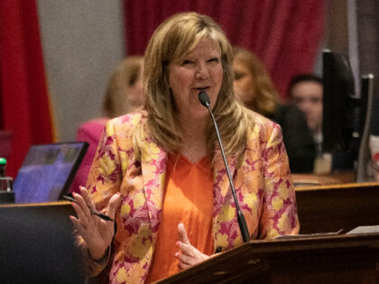 Rep. Gloria Johnson, D-Knoxville, responds to questions during her expulsion proceedings on the floor of the House chamber on Thursday, April 6, 2023, in Nashville, Tenn. Tennessee Republicans were seeking to oust three House Democrats including Johnson for using a bullhorn to shout support for pro-gun control protesters in the …