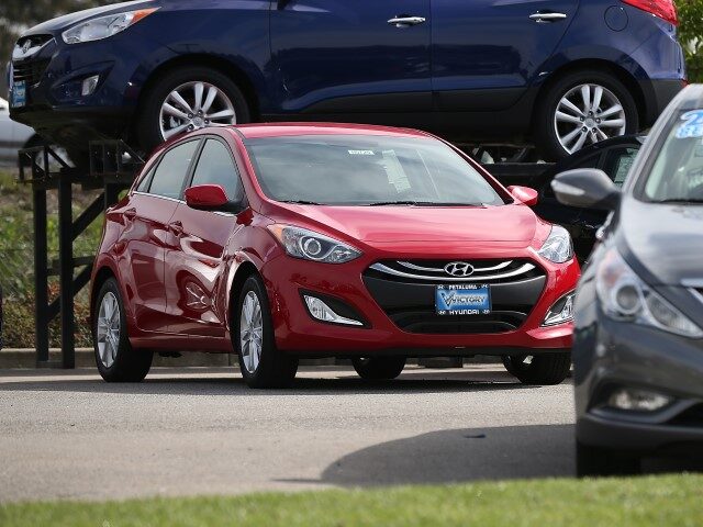 A brand new Hyundai Elantra is displayed on the sales lot at Petaluma Hyundai on April 3,