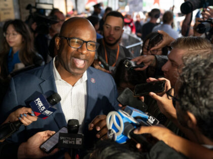 UNITED STATES -September 15: Congressman Jamaal Bowman speaks to the media outside the Roosevelt Hotel after touring the migrant shelter along with York Congressional members including Congresswoman Alexandria Ocasio-Cortez, Congresswoman Nydia Velazquez, Congressman Adriano Espaillat, and Congressman Jerry Nadler on Friday Sept. 15, 2023 in Manhattan, New York. (Photo by …
