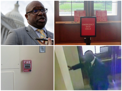 Clock rom top right: Rep. Jamaal Bowman (D-NY) (top left) with photos of the Capitol Hill fire alarm he is accused of pulling and the photo released by Capitol Hill police of the person pulling the alarm (bottom right). (Photos: Alex Wong/Getty Images; BNN)