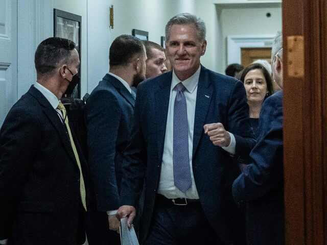 US Speaker of the House Kevin McCarthy, Republican of California, celebrates after meeting