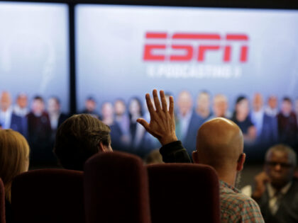 BRISTOL, CT - NOVEMBER 15: Staff watches a presentation with Vice President of ESPN Norby Williamson, who also oversees SportsCenter, during a meeting in the executive conference room of ESPN Headquarters on November 15, 2018. (Photo by Yana Paskova/For The Washington Post)