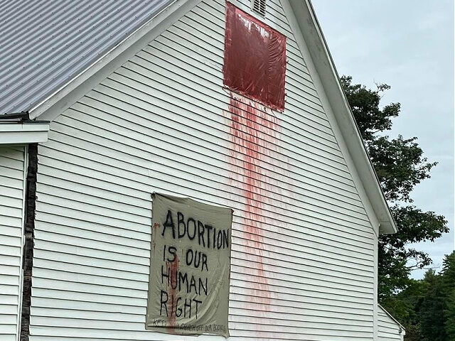 A Maine church was vandalized on Saturday night with the words “Abortion Is Our Human Right” and “Queer Love 4 Eva,” News Center Maine reported.