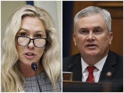 Rep. Marjorie Taylor Greene (L) and House Oversight Committee chair James Comer (R)