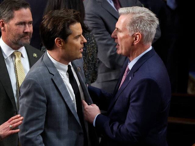 WASHINGTON, DC - JANUARY 06: U.S. House Republican Leader Kevin McCarthy (R-CA) (L) talks to Rep.-elect Matt Gaetz (R-FL) in the House Chamber after Gaetz voted present during the fourth day of voting for Speaker of the House at the U.S. Capitol Building on January 06, 2023 in Washington, DC. …
