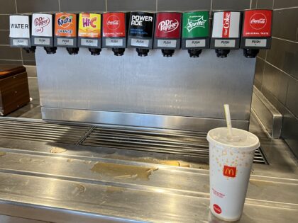 Soda fountain with drink cup visible at McDonald's restaurant in Lafayette, California, Ma