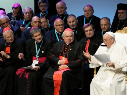 Pope Francis delivers his speech as he attends the final session of the "Rencontres Mediterraneennes" meeting at the Palais du Pharo, in Marseille, France, Saturday, Sept. 23, 2023. Francis, during a two-day visit, will join Catholic bishops from the Mediterranean region on discussions that will largely focus on migration. (AP …