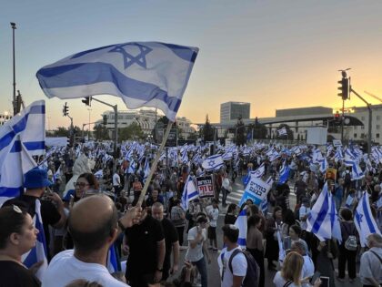 Supporters of Israel's proposed judicial reforms rally outside the Supreme Court in Jerusalaem, Sep. 7, 2023. (Joel Pollak / Breitbart News)