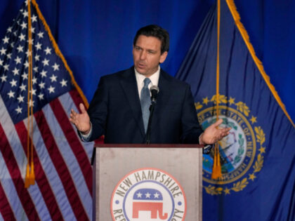 Florida Gov. Ron DeSantis speaks at a New Hampshire Republican Party dinner, Friday, April 14, 2023, in Manchester, N.H. (AP Photo/Charles Krupa)