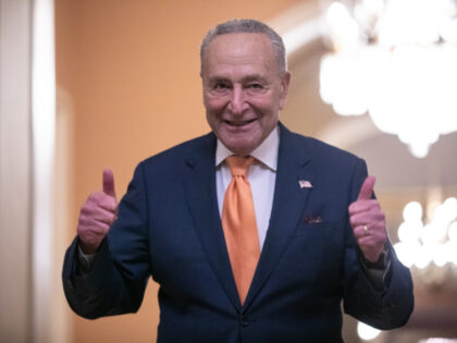 Senate Majority Leader Chuck Schumer, a Democrat from New York, gives a thumbs up at the US Capitol in Washington, DC, US, on Saturday, Sept. 30, 2023. The Senate overwhelmingly passed bipartisan legislation Saturday to avoid a disruptive US government shutdown, sending the bill to President Joe Biden for his …
