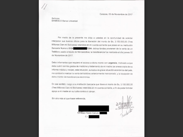 The letter sent to Banesco bank in Caracas, Venezuela, explaining the circumstances of the wire transfer.