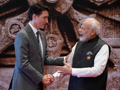 Indian Prime Minister Narendra Modi welcomes Canada Prime Minister Justin Trudeau upon his arrival at Bharat Mandapam convention center for the G20 Summit, in New Delhi, India, Saturday, Sept. 9, 2023. (AP Photo/Evan Vucci,Pool)