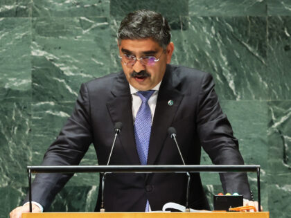 NEW YORK, NEW YORK - SEPTEMBER 22: Prime Minister Pakistan Anwaar-ul-Haq Kakar speaks during the United Nations General Assembly (UNGA) at the United Nations headquarters on September 22, 2023 in New York City. Heads of state and governments from at least 145 countries are gathered for the 78th UNGA session …