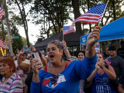 STATEN ISLAND, NEW YORK - SEPTEMBER 5: Staten Island residents of the Arrochar neighborhood, joined by right-wing political activists, hold a rally to protest New York City plans to house migrants in a closed Catholic school, St John Villa Academy, September 5, 2023, on the East Side of Staten Island, …