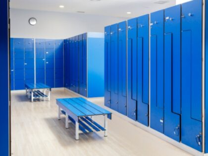 Empty blue locker room at gym