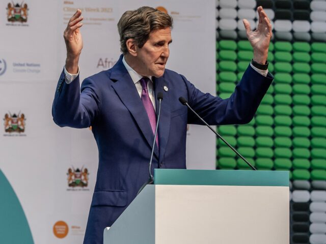 United States Special Envoy for Climate John Kerry delivers his announcement during the Africa Climate Summit 2023 at the Kenyatta International Convention Centre (KICC) in Nairobi on September 5, 2023. (Photo by Luis Tato / AFP) (Photo by LUIS TATO/AFP via Getty Images)