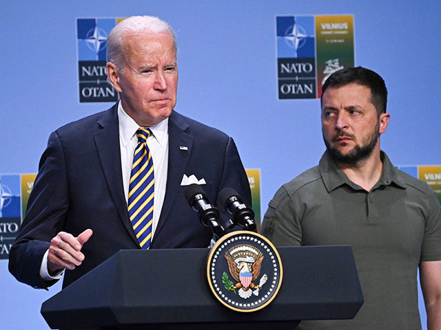 President Joe Biden, left, speaks at an event with G7 leaders and Ukrainian President Volodymyr Zelensky during the NATO Summit, in Vilnius, Lithuania, July 12, 2023. Biden's strong backing for Ukraine's effort to repel Russia's invasion has been the rare issue where he's mustered bipartisan support. But this week’s first …