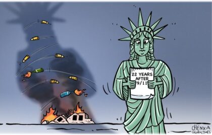 China’s government-run propaganda outlet Global Times mocked the United States on Sunday with a political cartoon marking the 22nd anniversary of the terrorist attacks of September 11, 2001.