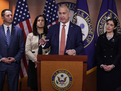 Flanked by members of the Congressional Hispanic Conference (CHC), Co-chair Rep. Mario Diaz-Balart (R-FL) speaks during a news conference at the U.S. Capitol on February 1, 2023, in Washington, DC.  (Alex Wong/Getty Images)