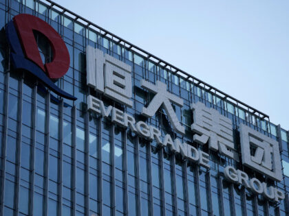 FILE - The Evergrande Group headquarters logo is seen in Shenzhen in southern China's Guangdong province, on Sept. 24, 2021. Share trading of debt-laden Chinese property developer China Evergrande Group was suspended in Hong Kong on Thursday, Sept. 28, 2023, according to a notice on the Hong Kong stock exchange. …