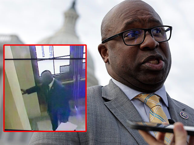 Rep. Jamaal Bowman (D-NY); inset of Capitol fire alarm being pulled. (Alex Wong/Getty Imag