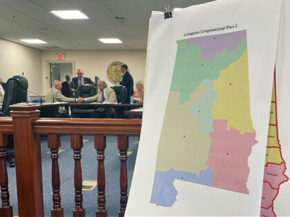 FILE - A map of a GOP proposal to redraw Alabama's congressional districts is displayed at the Alabama Statehouse in Montgomery, Ala., July 18, 2023. The Supreme Court is allowing work to proceed on a new Alabama congressional map with greater representation for Black voters, rejecting the state’s plea to …