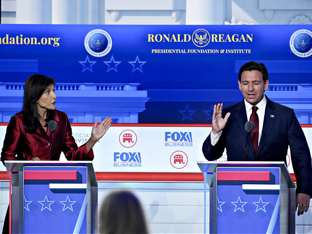 Nikki Haley, former ambassador to the United Nations and 2024 Republican presidential candidate, left, and Ron DeSantis, governor of Florida and 2024 Republican presidential candidate, during the Republican primary presidential debate hosted by Fox Business Network in Simi Valley, California, US, on Wednesday, Sept. 27, 2023. The auto workers strike, …