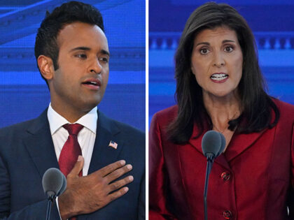 Entrepreneur Vivek Ramaswamy places his hand over his heart during the second Republican presidential primary debate at the Ronald Reagan Presidential Library in Simi Valley, California, on September 27, 2023. (Photo by Robyn BECK / AFP) (Photo by ROBYN BECK/AFP via Getty Images)