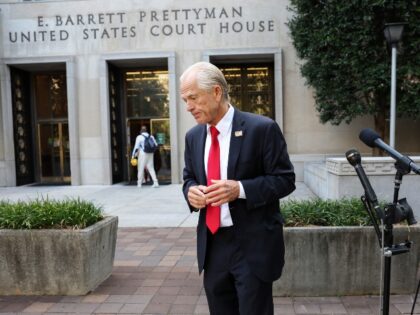 WASHINGTON, DC - SEPTEMBER 07: Peter Navarro, an advisor to former U.S. President Donald Trump, speaks to reporters as he arrives at the E. Barrett Prettyman Courthouse on September 07, 2023 in Washington, DC. The jury is expected to begin deliberating today in Navarro's contempt of Congress case for failing …