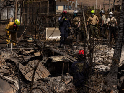 Search and recovery team members check charred buildings and cars in the aftermath of the