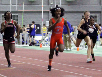 FILE — In this Feb. 7, 2019 file photo, Bloomfield High School transgender athlete Terry Miller, second from left, wins the final of the 55-meter dash over transgender athlete Andraya Yearwood, left, and other runners in the Connecticut girls Class S indoor track meet at Hillhouse High School in New …