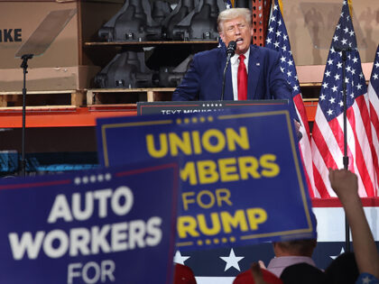 CLINTON TOWNSHIP, MICHIGAN - SEPTEMBER 27: Former U.S. President Donald Trump speaks at a campaign rally at Drake Enterprises, an automotive parts manufacturer, on September 27, 2023 in Clinton Township, Michigan. President Joe Biden met with striking UAW workers the day before at a General Motors parts facility. (Photo by …