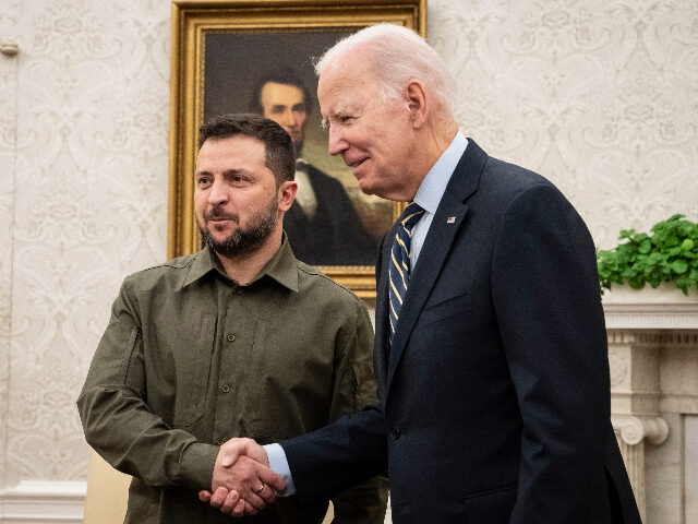 WASHINGTON, DC - SEPTEMBER 21: U.S. President Joe Biden shakes hands with President of Ukraine Volodymyr Zelensky while welcoming him to the Oval Office at the White House on September 21, 2023 in Washington, DC. Zelensky is in the nation's capital to meet with President Biden and Congressional lawmakers after …