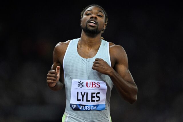 American Noah Lyles, crossing the finish line in a 200m Diamond League final at Zurich, wi